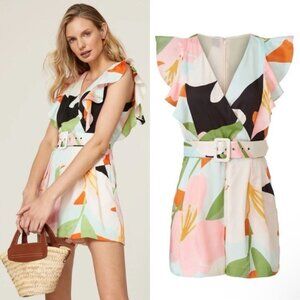Great Jones Ruffle Sleeve Belted Romper 4 Floral Vacation Satin Pockets Pleated